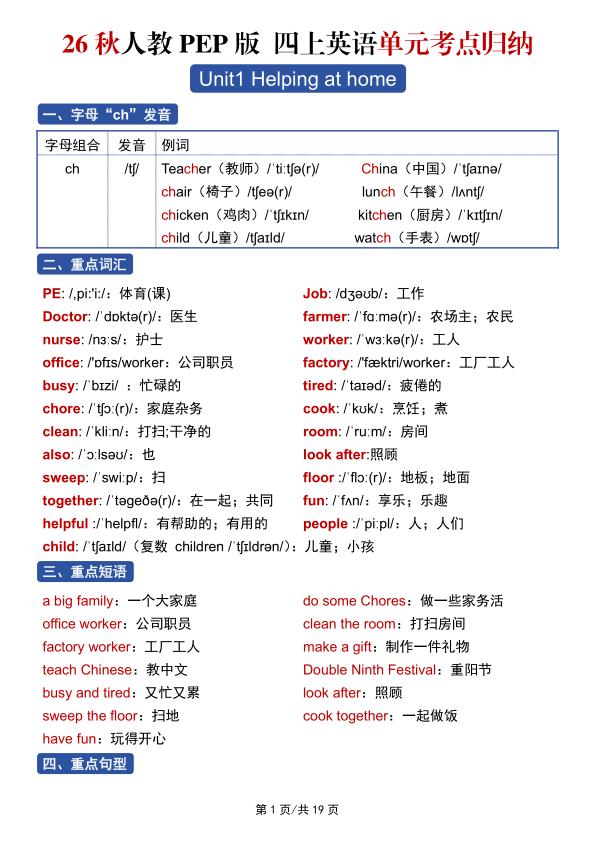 图片[1]-26秋人教PEP版四年级上册英语单元考点归纳-宝库盒教辅资料站