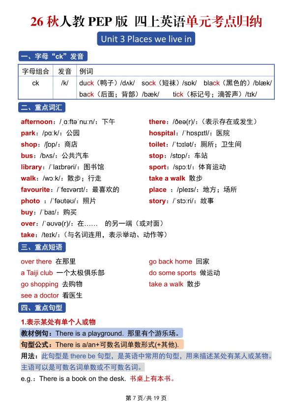 图片[7]-26秋人教PEP版四年级上册英语单元考点归纳-宝库盒教辅资料站