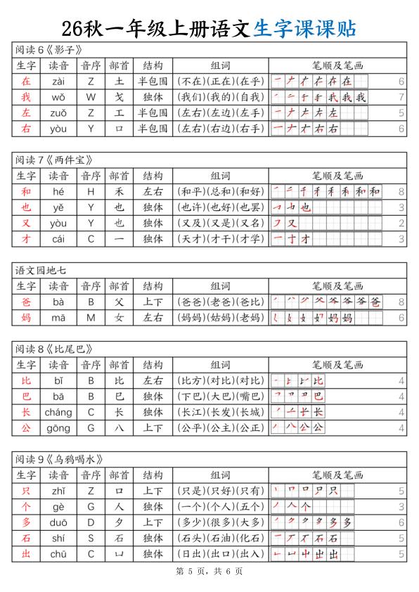 图片[5]-26秋一年级上册语文生字课课贴-宝库盒教辅资料站
