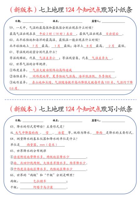 图片[7]-2026七年级上册地理《124个知识点默写小纸条》-宝库盒教辅资料站