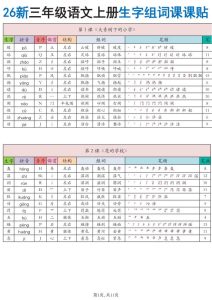 26秋三年级语文上册《生字组词课课贴》-宝库盒教辅资料站
