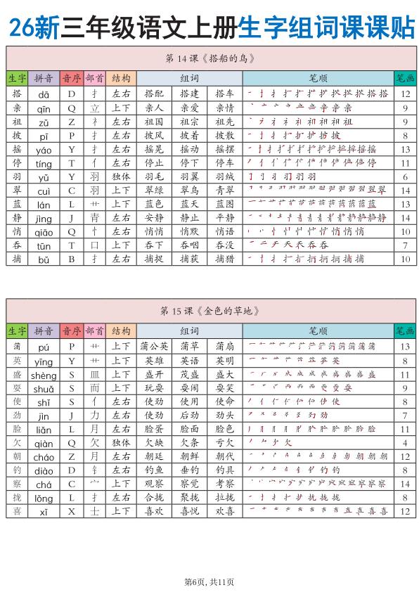 图片[6]-26秋三年级语文上册《生字组词课课贴》-宝库盒教辅资料站