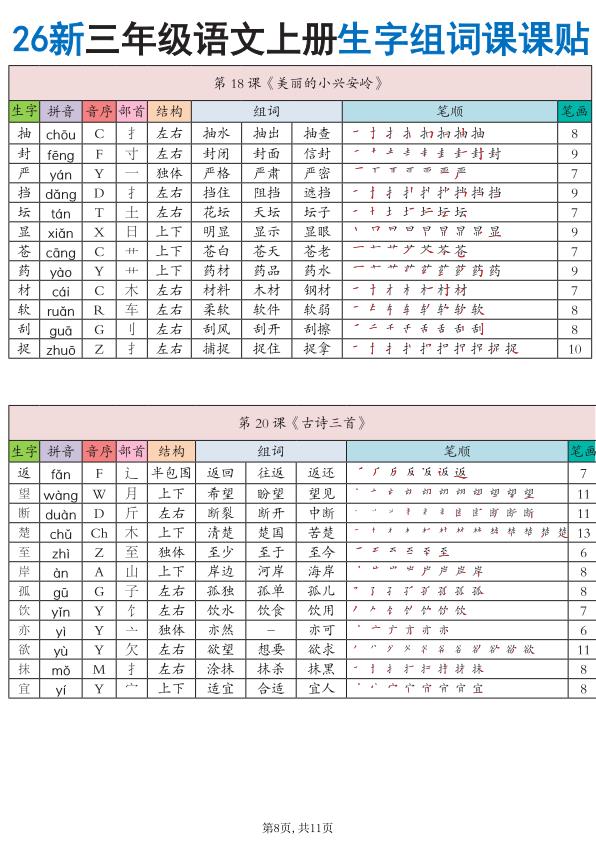 图片[8]-26秋三年级语文上册《生字组词课课贴》-宝库盒教辅资料站
