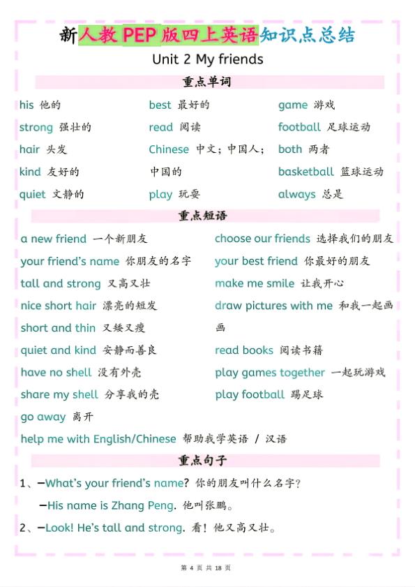 图片[4]-26秋新人教PEP版四年级上册英语知识点总结-宝库盒教辅资料站