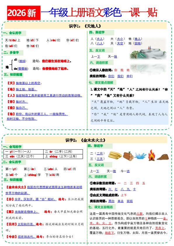 图片[1]-26新一年级上册语文小纸条课课贴-宝库盒教辅资料站