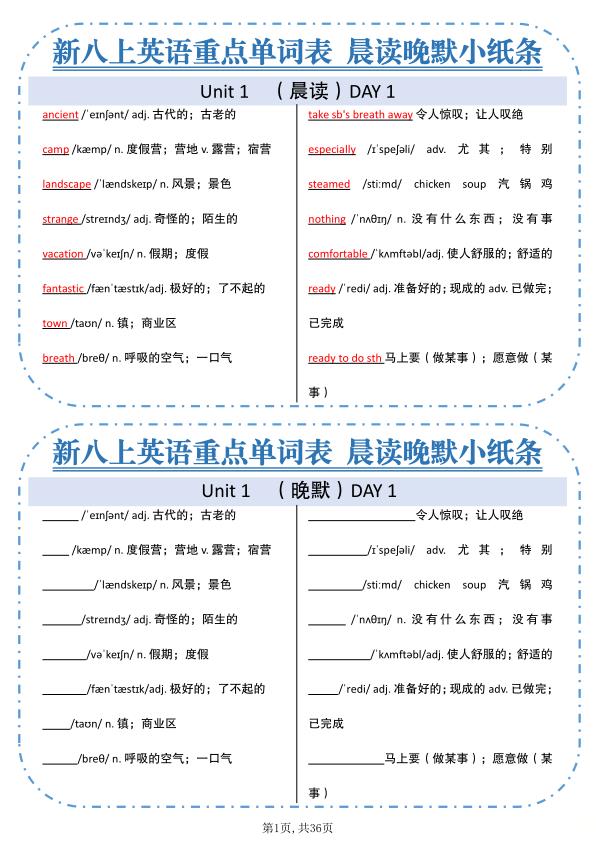 图片[1]-新八年级上册英语重点单词小纸条《人教版》-宝库盒教辅资料站