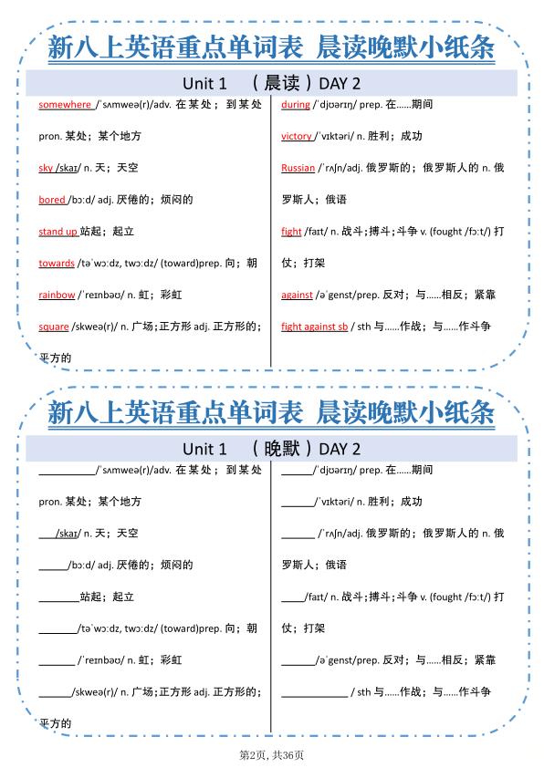 图片[2]-新八年级上册英语重点单词小纸条《人教版》-宝库盒教辅资料站