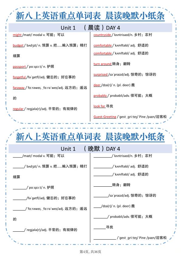 图片[4]-新八年级上册英语重点单词小纸条《人教版》-宝库盒教辅资料站