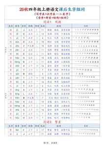 26秋四年级上册语文生字组词课贴（写字表+识字表）-宝库盒教辅资料站