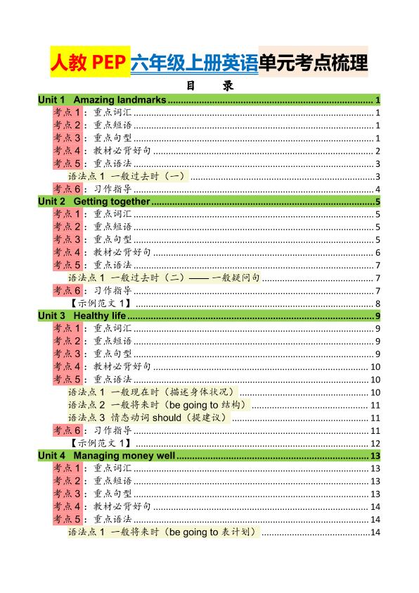 图片[1]-26秋新人教PEP六年级上册英语单元考点梳理-宝库盒教辅资料站