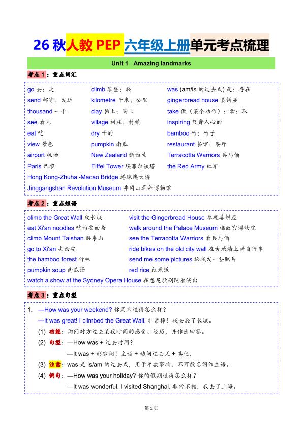 图片[3]-26秋新人教PEP六年级上册英语单元考点梳理-宝库盒教辅资料站