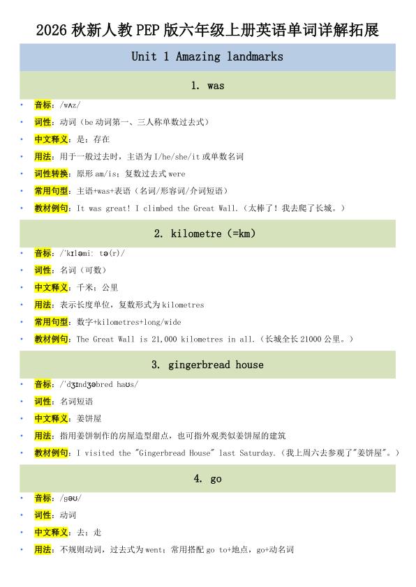 图片[1]-2026 秋新人教PEP版六年级上册英语单词详解拓展-宝库盒教辅资料站