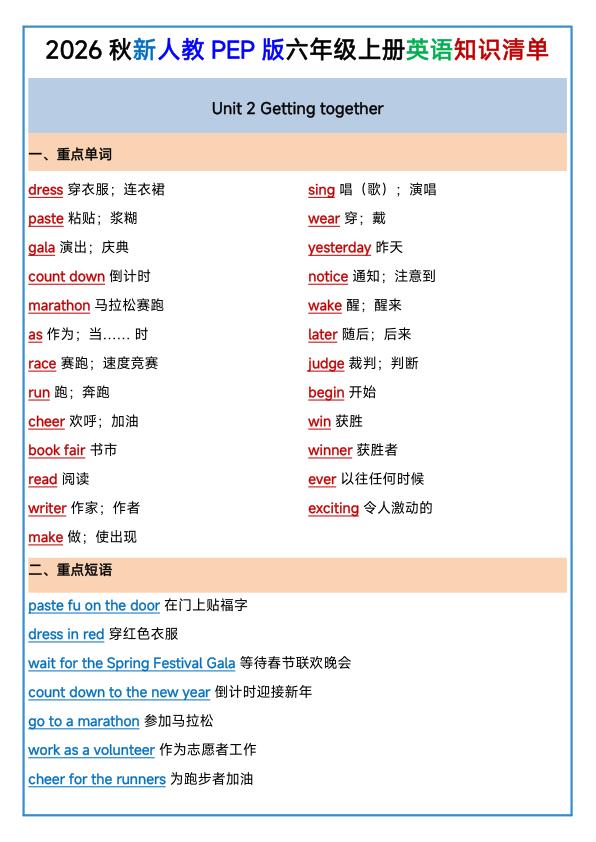 图片[4]-2026秋新人教PEP版六年级上册英语知识清单-宝库盒教辅资料站