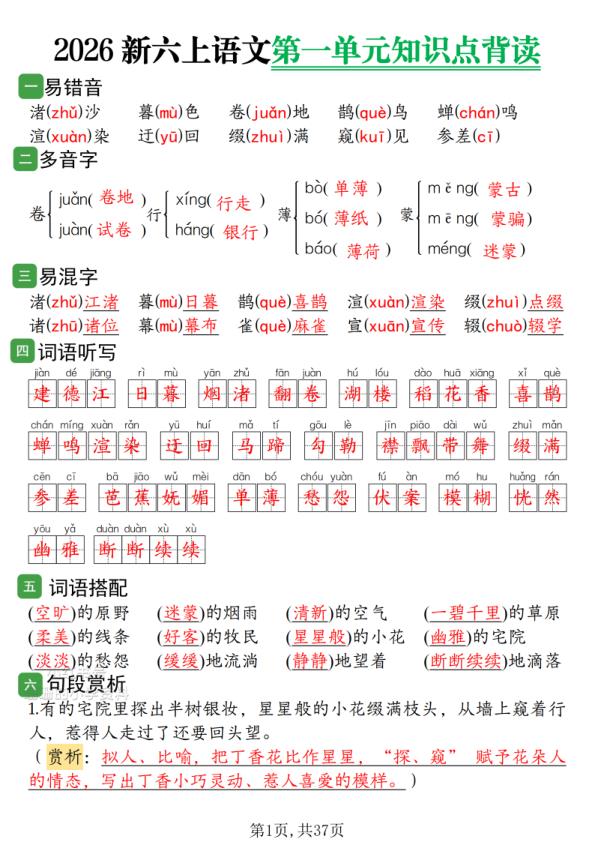 图片[1]-2026新六年级上册语文1-8单元知识点背读-宝库盒教辅资料站