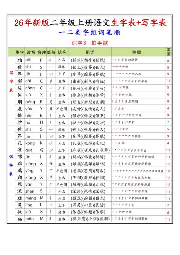 图片[6]-26年新版二年级上册语文一二类生字组词笔顺-宝库盒教辅资料站