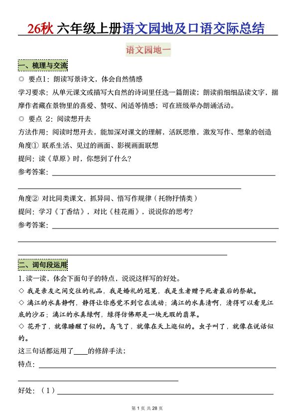 图片[1]-26秋六年级上册语文园地及口语交际总结（默写版）-宝库盒教辅资料站