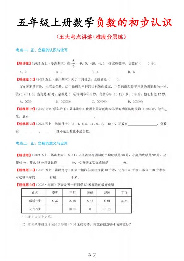图片[1]-五年级上册数学负数的初步认识（五大考点讲练 难度分层练）-宝库盒教辅资料站