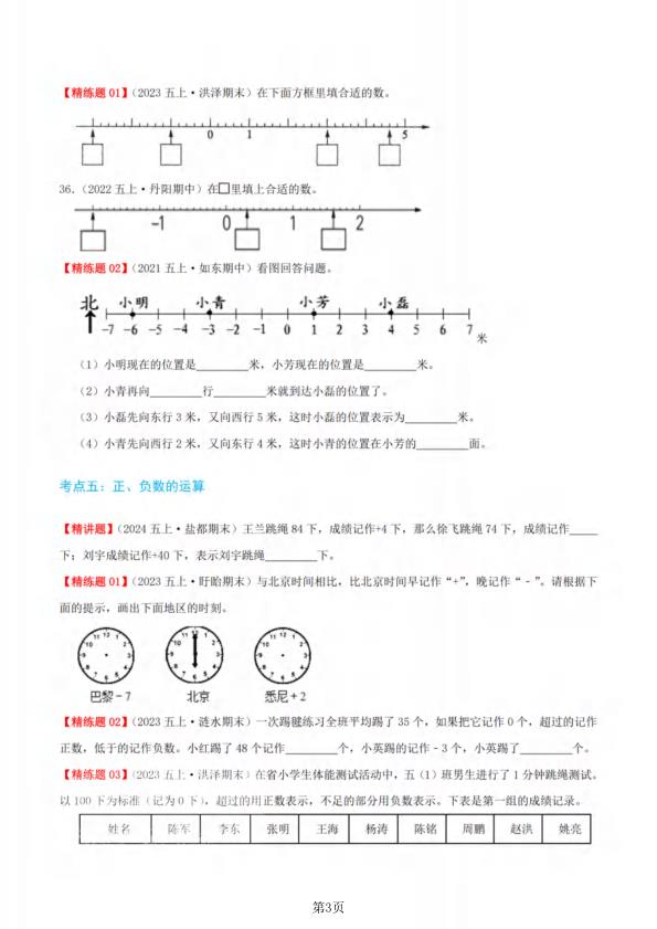 图片[3]-五年级上册数学负数的初步认识（五大考点讲练 难度分层练）-宝库盒教辅资料站